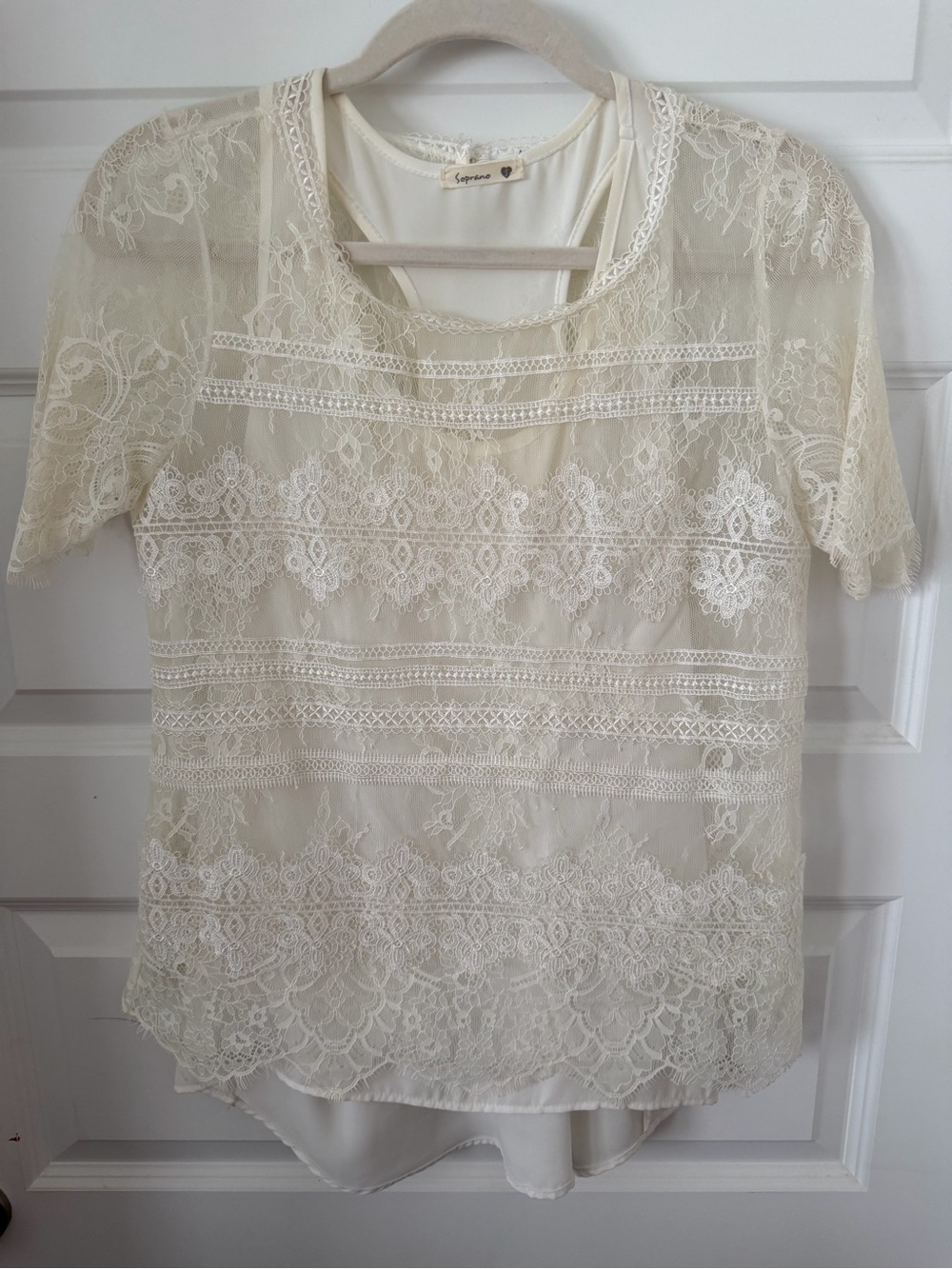 Soprano Cream Lace Overlay Short Sleeve Blouse